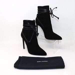 YSL Saint Laurent NEW 38 Black Suede Ankle Wrap Stiletto Bootie